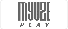 Myuze Play logo in grayscale on a black rounded rectangle background
