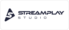 Streamplay Studio logo in dark blue on a rounded black background