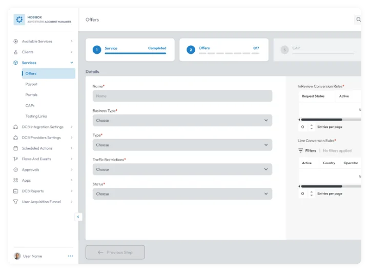 Offers management dashboard with service setup and configuration form