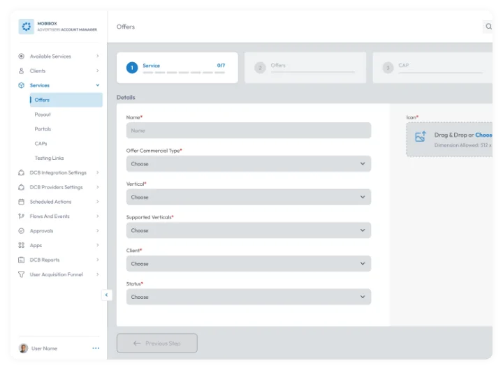 Offer setup dashboard with service selection and configuration fields