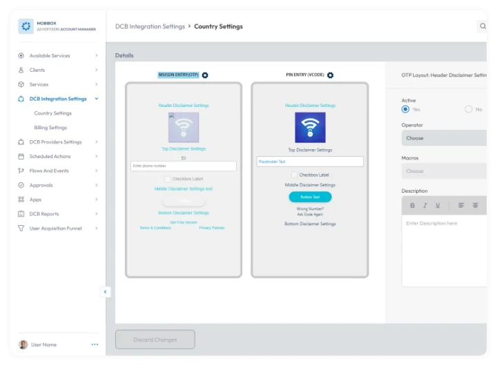 DCB integration country settings dashboard with OTP configuration