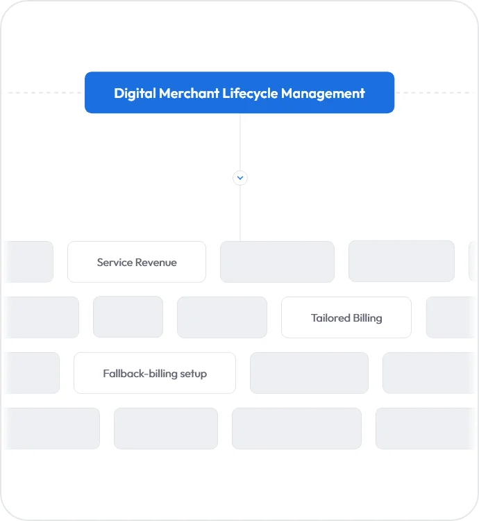 digital merchant lifecycle management diagram highlighting service revenue, tailored billing, and fallback billing setup