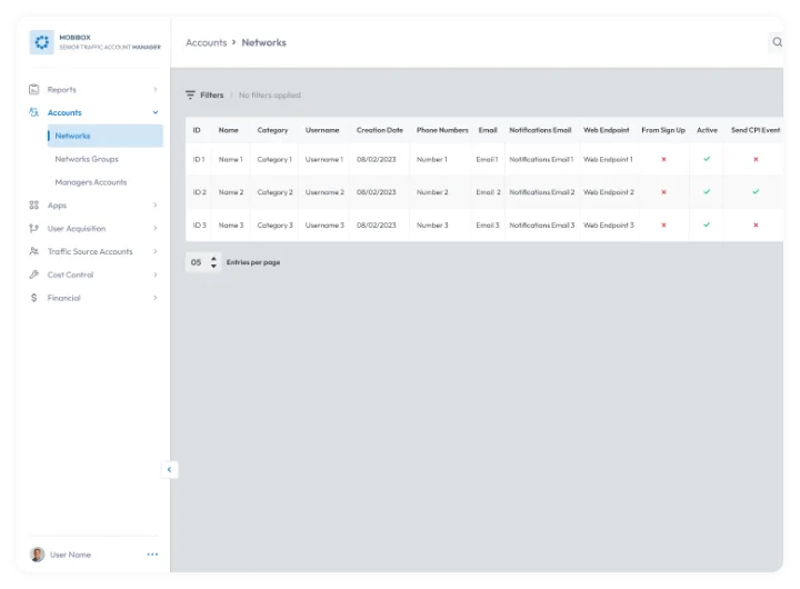 Networks management dashboard with account details and status table