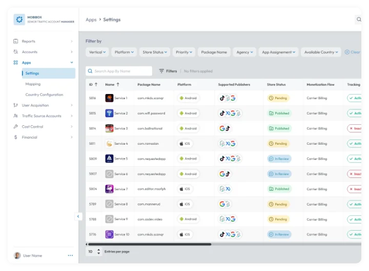 Apps settings dashboard displaying a list of services with package names, Android and iOS platforms, supported publishers, store status, monetization flow, and tracking status