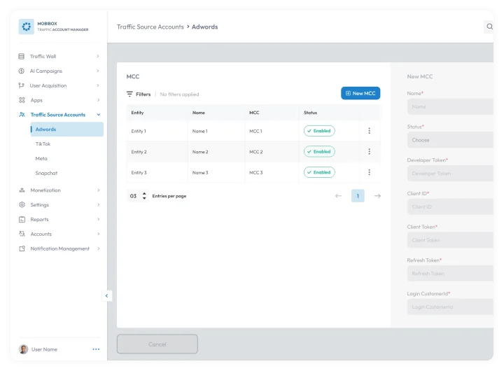 Adwords traffic source accounts dashboard with MCC table and settings panel