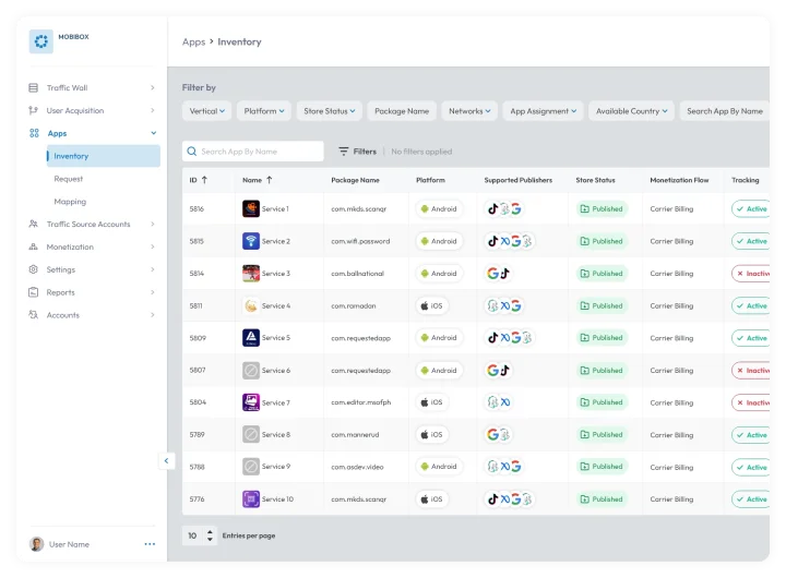 apps inventory management dashboard showing app list, platform, status, monetization, and tracking