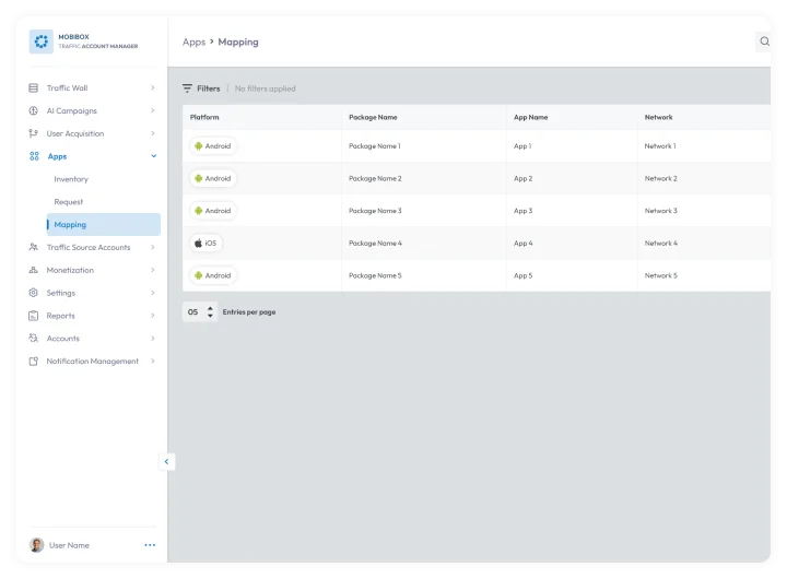 apps mapping dashboard showing platform, package name, app name, and network