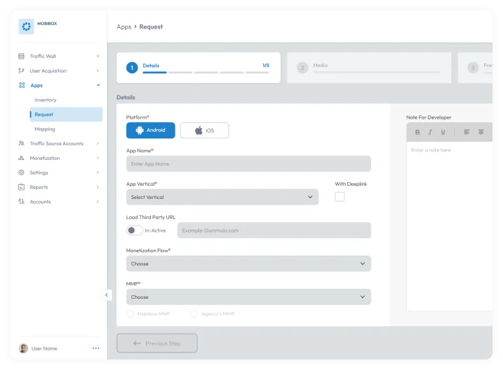 App request form interface dashboard screenshot