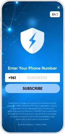 mobile subscription screen with security shield lightning icon and phone number form