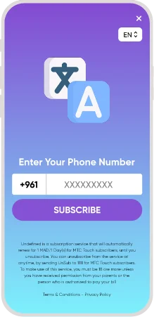 mobile subscription screen with phone number input and language app icon
