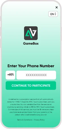 mobile signup screen for GameBox with phone number input and continue button