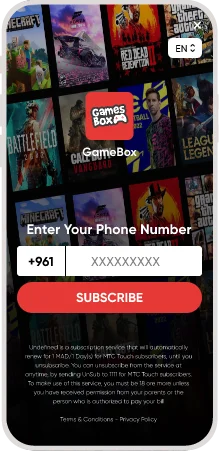 mobile subscription screen with GameBox gaming background and phone number form
